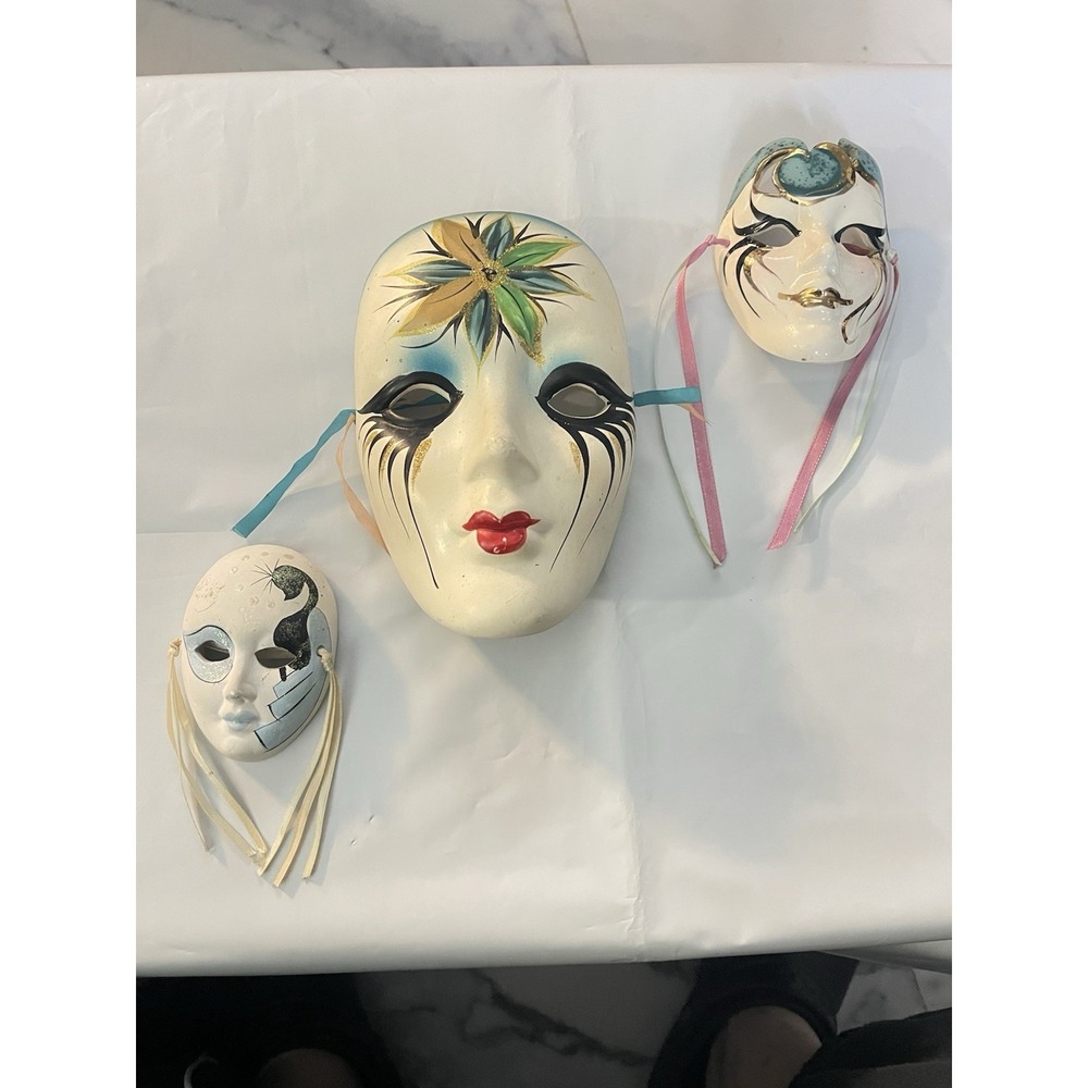 Vintage Ceramic Masquerade Wall Masks Set of‎ 3 | Venetian Style | Gold BinA